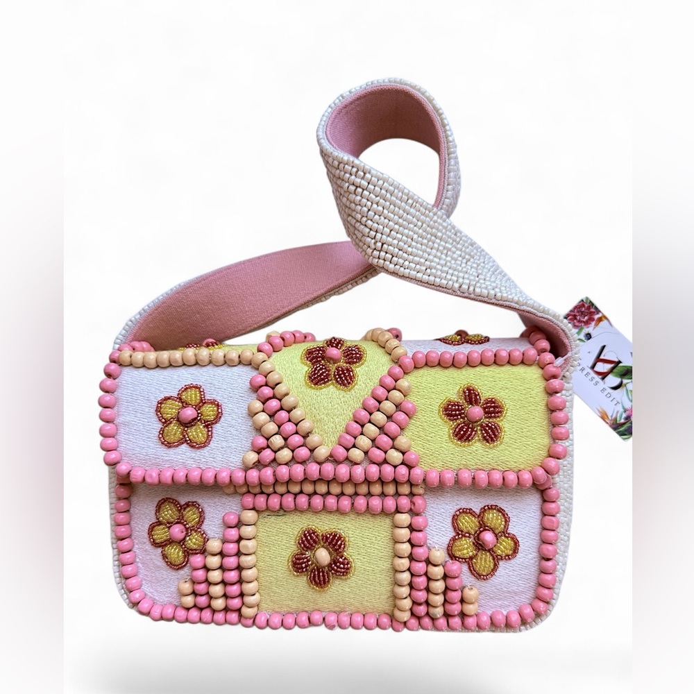 Express Edit Hand-Beaded Pink & Yellow Floral Shoulder Bag brand new